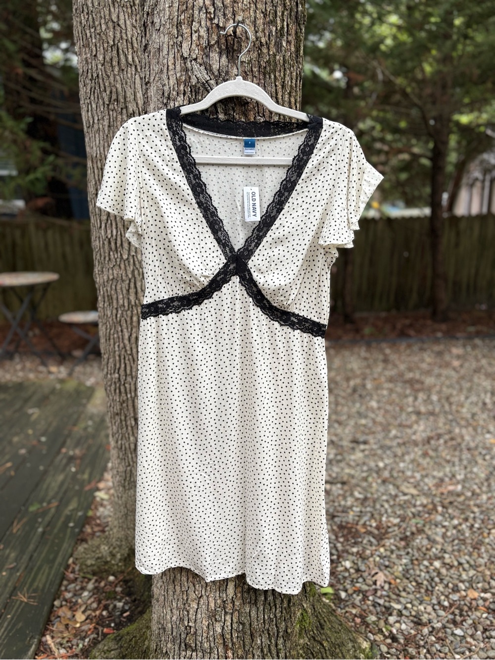 Old Navy Cream and Black Polka Dot Lace-Trim Dress